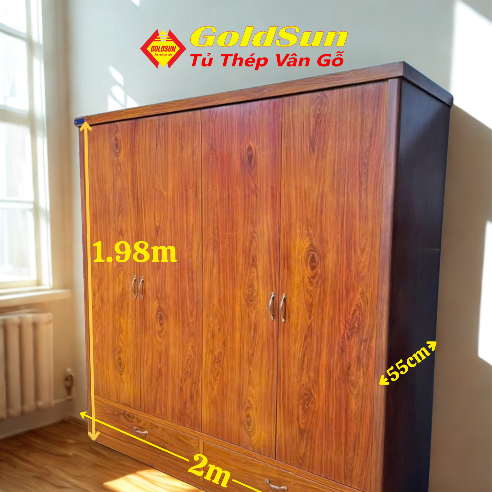 Tủ M5-4 cánh 2 ngăn kéo-duoc-ban-tai-GOLDSUN - TỦ THÉP, GIƯỜNG THÉP, BÀN HỌC THÉP VÂN GỖ