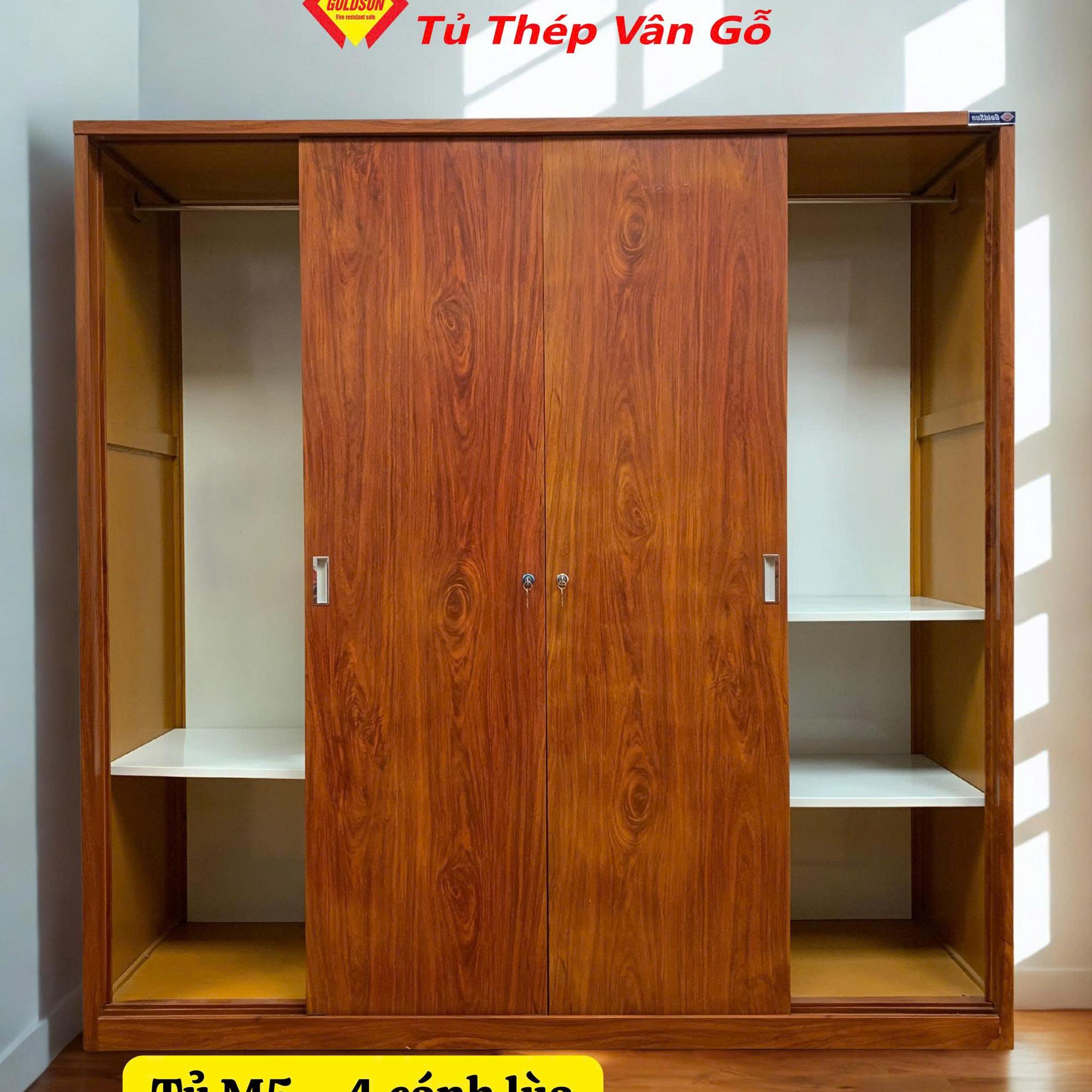 Tủ M5-4 cánh lùa-duoc-ban-tai-GOLDSUN - TỦ THÉP, GIƯỜNG THÉP, BÀN HỌC THÉP VÂN GỖ