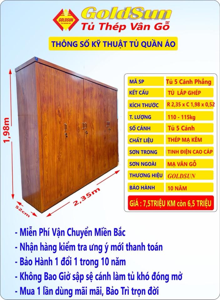 Tủ 5 cánh phẳng rộng 2,35m cao 1,98m sâu 52cm-duoc-ban-tai-GOLDSUN - TỦ THÉP, GIƯỜNG THÉP, BÀN HỌC THÉP VÂN GỖ