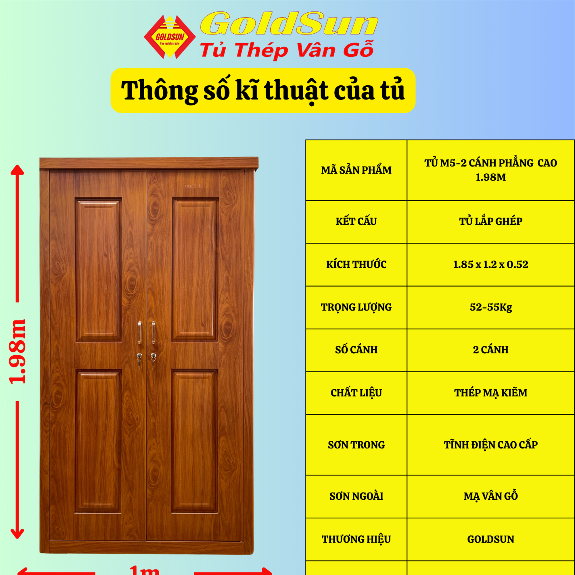 Tủ M5-2 cánh huỳnh 1m-duoc-ban-tai-GOLDSUN - TỦ THÉP, GIƯỜNG THÉP, BÀN HỌC THÉP VÂN GỖ