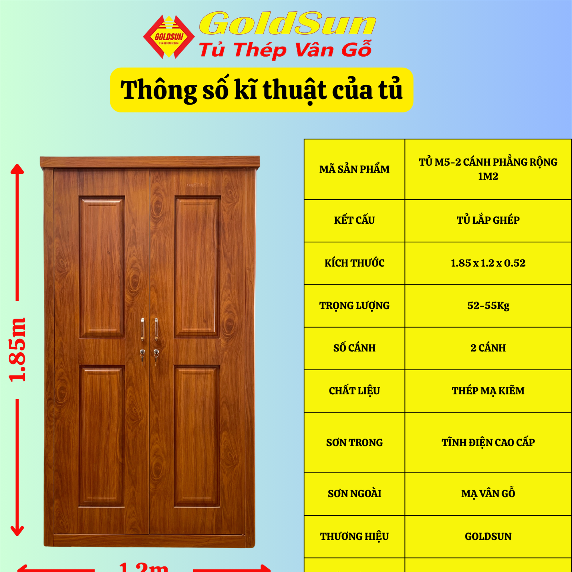 Tủ M5-2 cánh huỳnh 1m2-duoc-ban-tai-GOLDSUN - TỦ THÉP, GIƯỜNG THÉP, BÀN HỌC THÉP VÂN GỖ