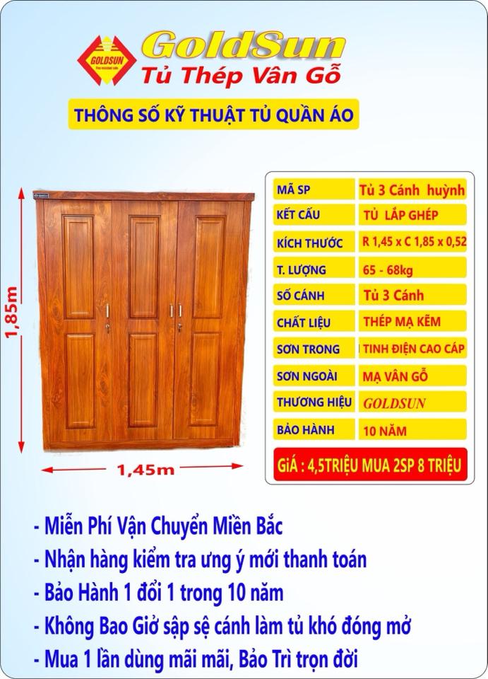 Tủ 3 cánh huỳnh TU3P KT: 1,5 x 1,85x 0,52m-duoc-ban-tai-GOLDSUN - TỦ THÉP, GIƯỜNG THÉP, BÀN HỌC THÉP VÂN GỖ