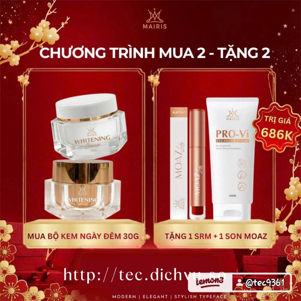 (Freeship)COMBO KEM NGÀY VÀ ĐÊM MAIRIS 30G .tặng sửa rửa mặt pro-vi 120gr + son môi-duoc-ban-tai-TEC