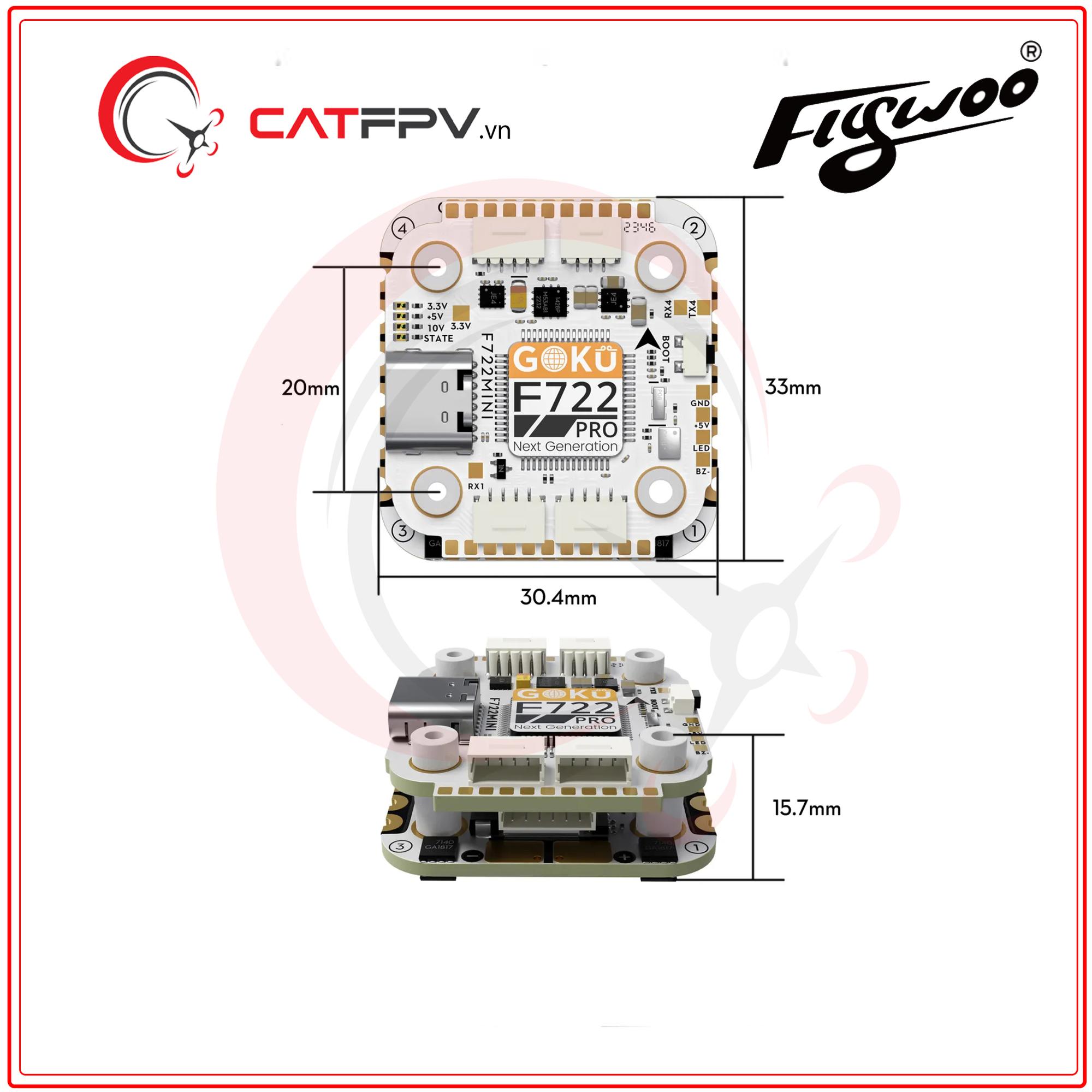 Tháp Mạch Flywoo GOKU F722 Pro Mini V2 45A 32Bit 128K 20X20-duoc-ban-tai-CAT FPV