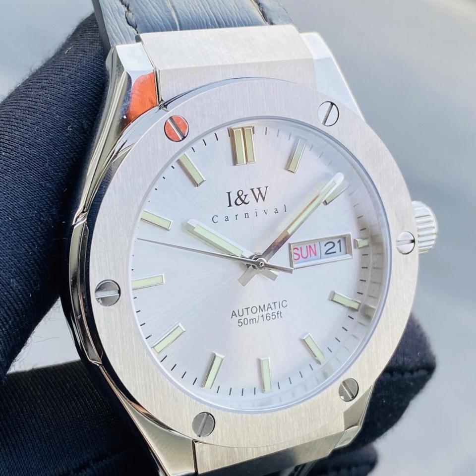 TIỂU HUBLOT I&W  CARNIVAL   IW55851   41mm viền trơn mặt trắng dây da-duoc-ban-tai-NGUYÊN độ đồng hồ (seikomod)