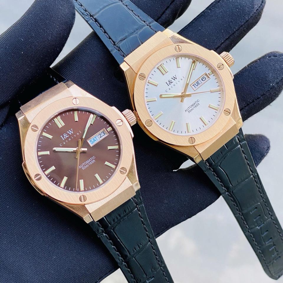 I&W Canival 55851G vàng hồng 41mm niềng trơn dây da-duoc-ban-tai-NGUYÊN độ đồng hồ (seikomod)