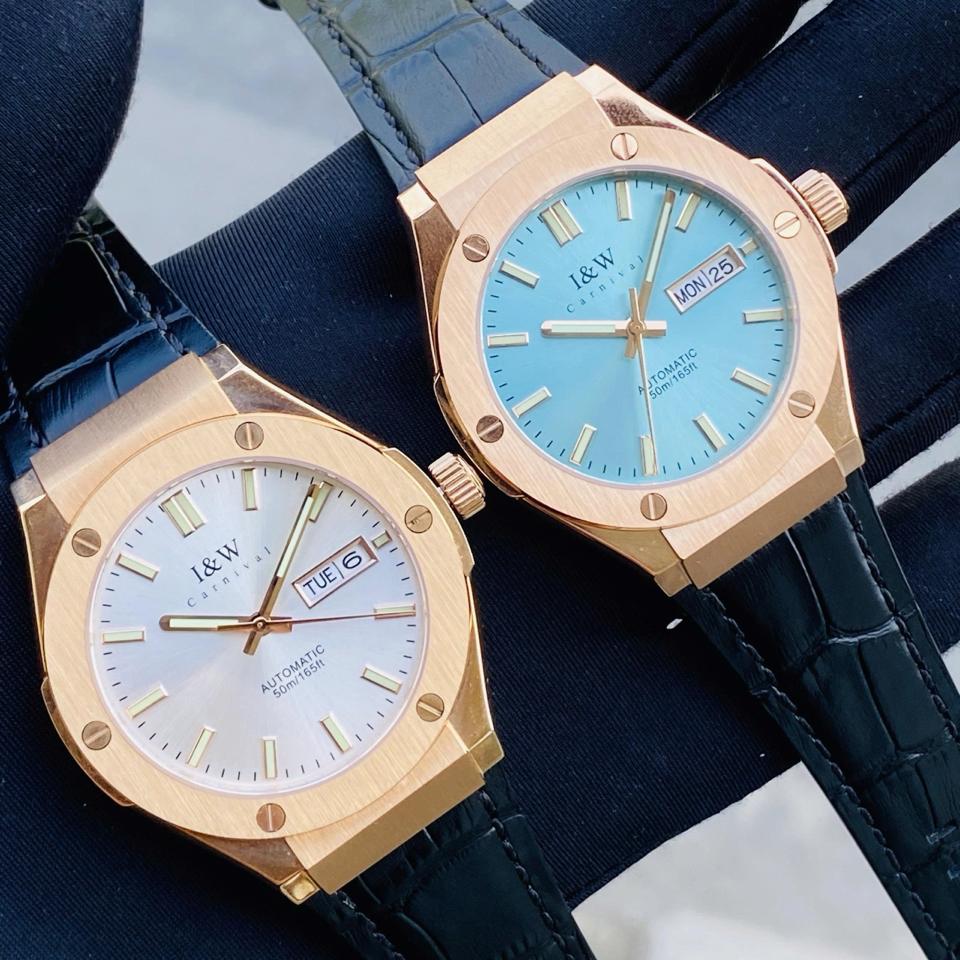 I&W Canival 55851G vàng hồng 41mm niềng trơn dây da-duoc-ban-tai-NGUYÊN độ đồng hồ (seikomod)