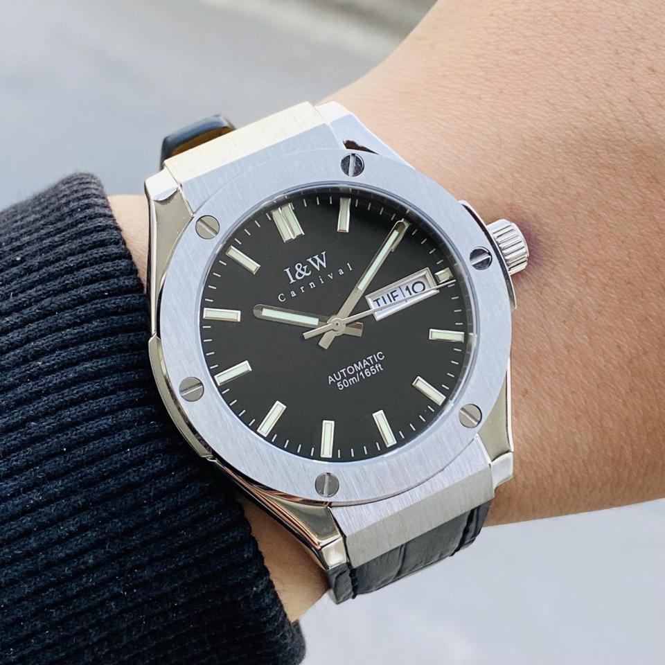 TIỂU HUBLOT I&W  CARNIVAL   IW55851   41mm viền trơn mặt đen dây da-duoc-ban-tai-NGUYÊN độ đồng hồ (seikomod)