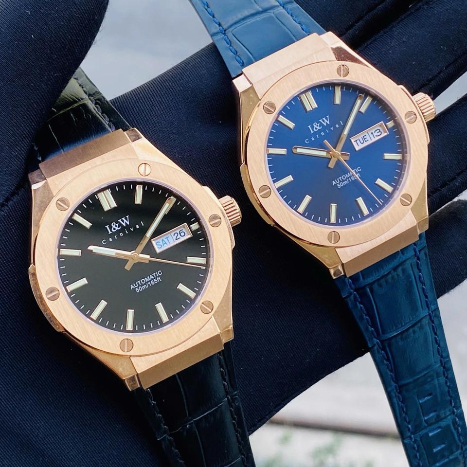 I&W Canival 55851G vàng hồng 41mm niềng trơn dây da-duoc-ban-tai-NGUYÊN độ đồng hồ (seikomod)