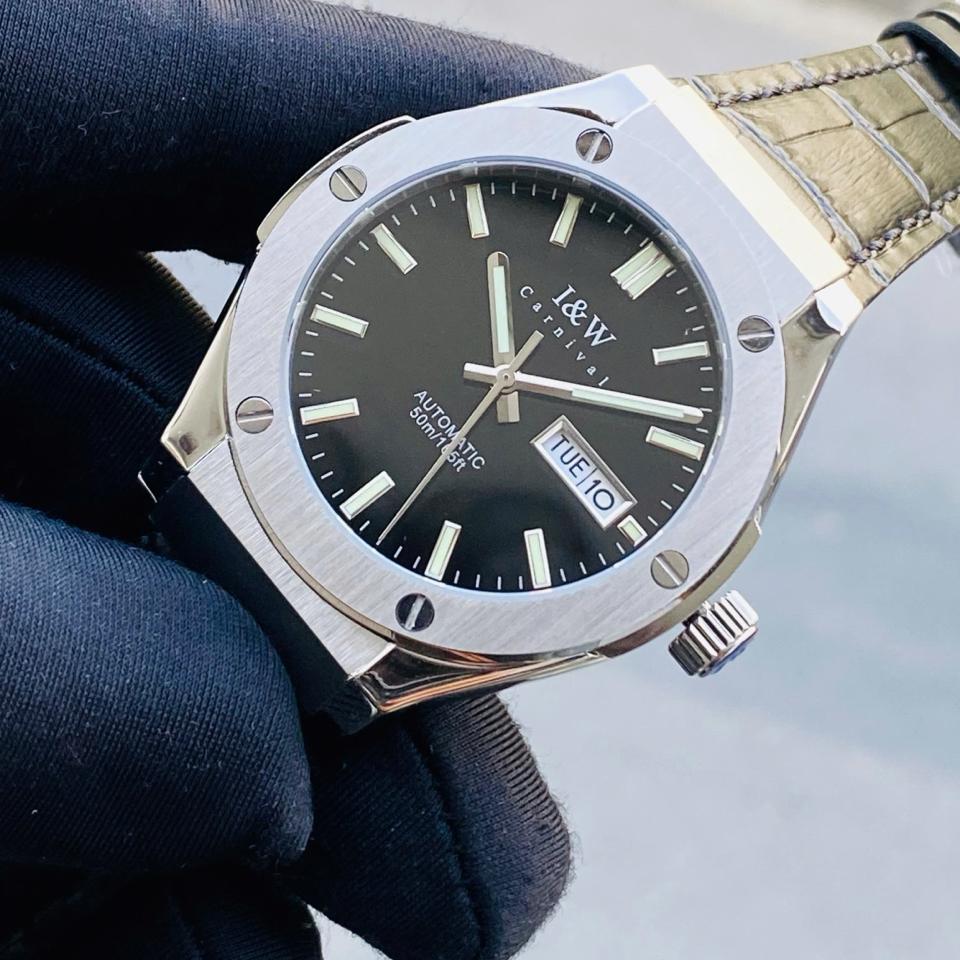 TIỂU HUBLOT I&W  CARNIVAL   IW55851   41mm viền trơn mặt đen dây da-duoc-ban-tai-NGUYÊN độ đồng hồ (seikomod)