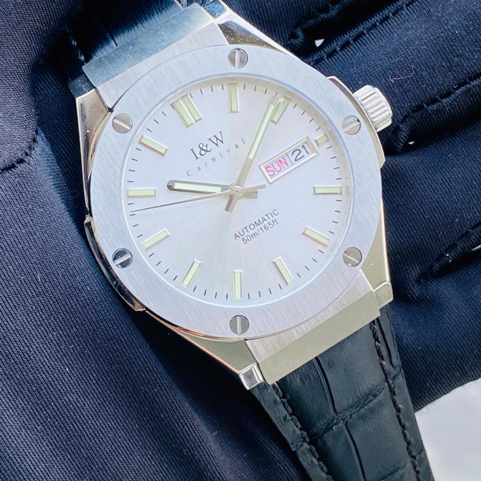 TIỂU HUBLOT I&W  CARNIVAL   IW55851   41mm viền trơn mặt trắng dây da-duoc-ban-tai-NGUYÊN độ đồng hồ (seikomod)