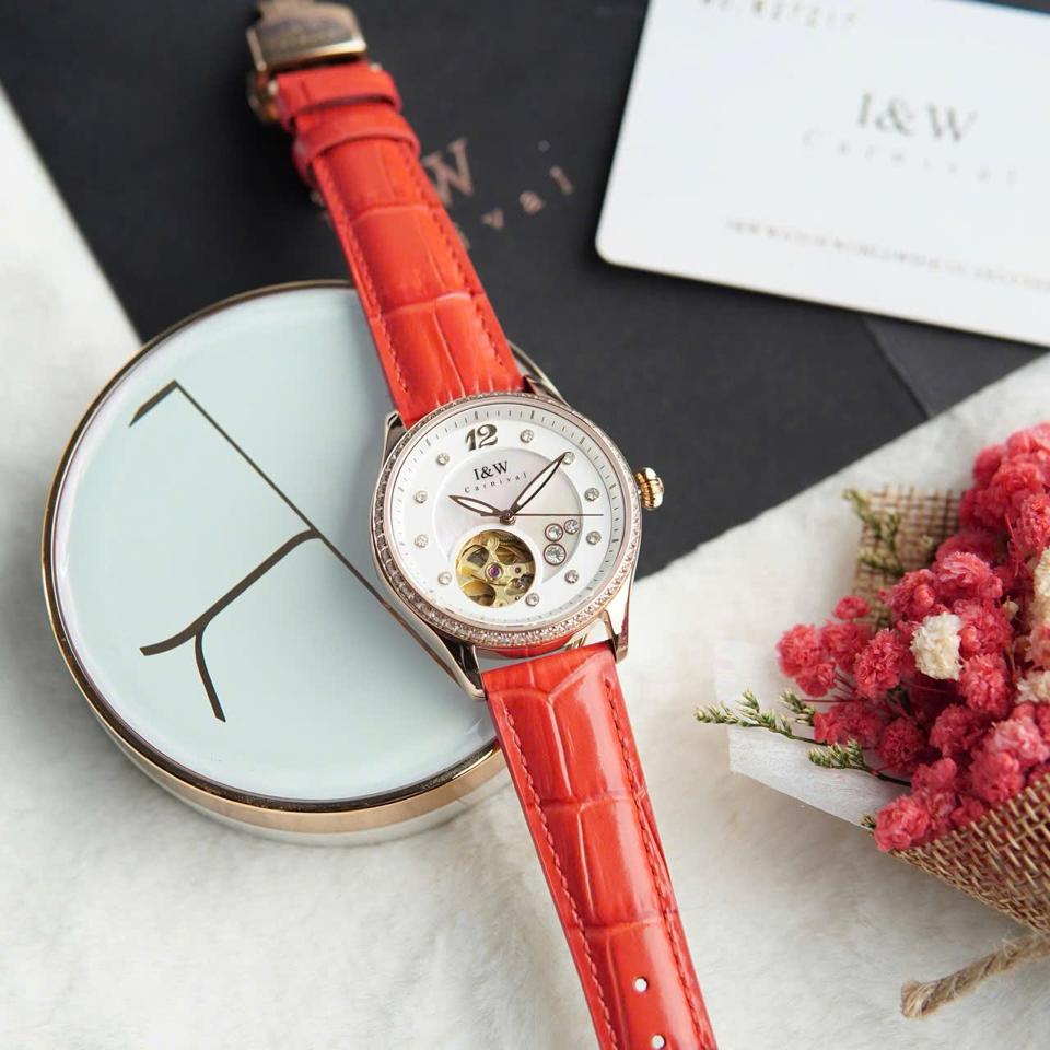 I&W Carnival IW573L 34mm nữ mặt xà cừ dây đỏ-duoc-ban-tai-NGUYÊN độ đồng hồ