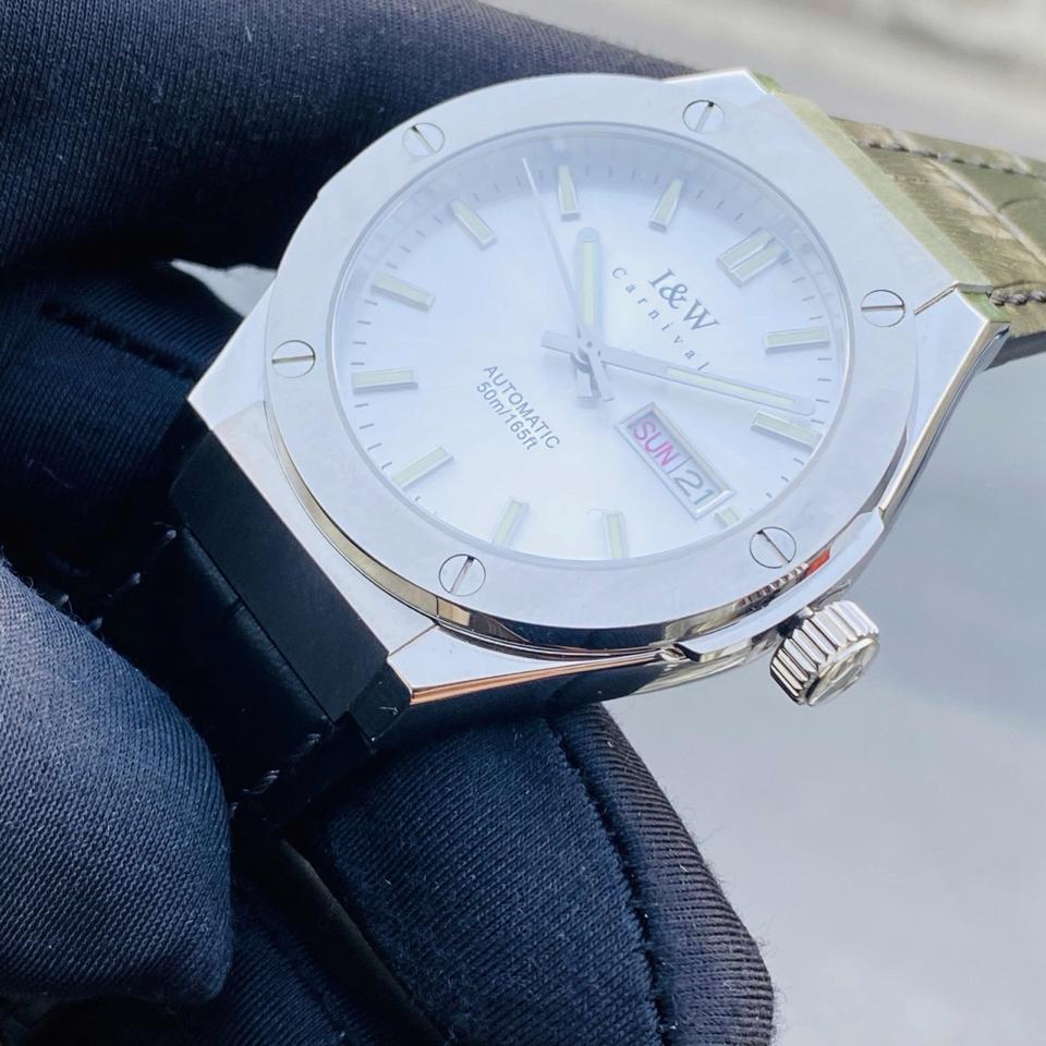 TIỂU HUBLOT I&W  CARNIVAL   IW55851   41mm viền trơn mặt trắng dây da-duoc-ban-tai-NGUYÊN độ đồng hồ (seikomod)