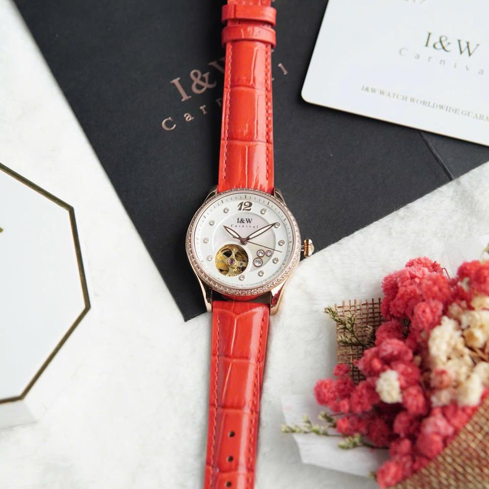 I&W Carnival IW573L 34mm nữ mặt xà cừ dây đỏ-duoc-ban-tai-NGUYÊN độ đồng hồ
