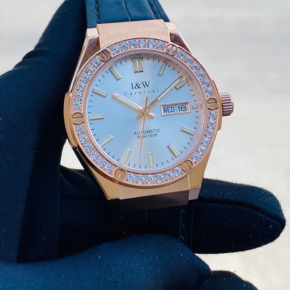 I&W Canival 55851G mặt trắng rose 41mm đá viền dây da-duoc-ban-tai-NGUYÊN độ đồng hồ (seikomod)