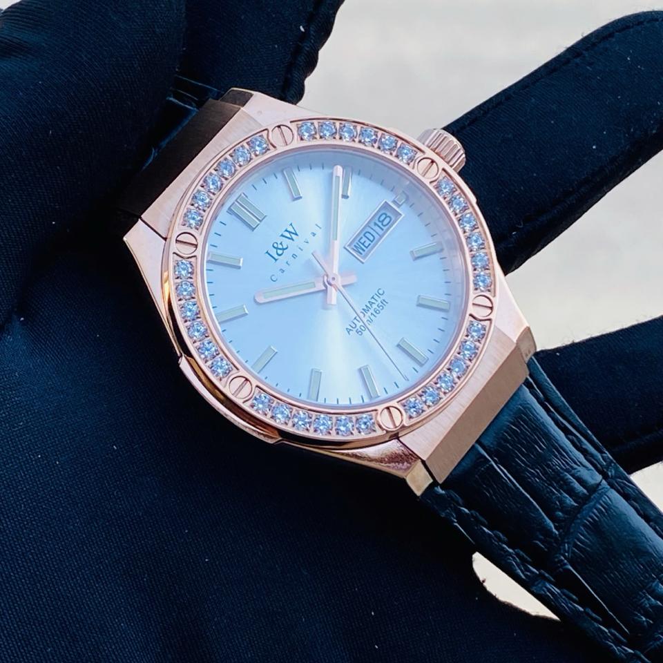 I&W Canival 55851G mặt trắng rose 41mm đá viền dây da-duoc-ban-tai-NGUYÊN độ đồng hồ (seikomod)