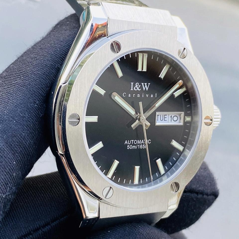 TIỂU HUBLOT I&W  CARNIVAL   IW55851   41mm viền trơn mặt đen dây da-duoc-ban-tai-NGUYÊN độ đồng hồ (seikomod)