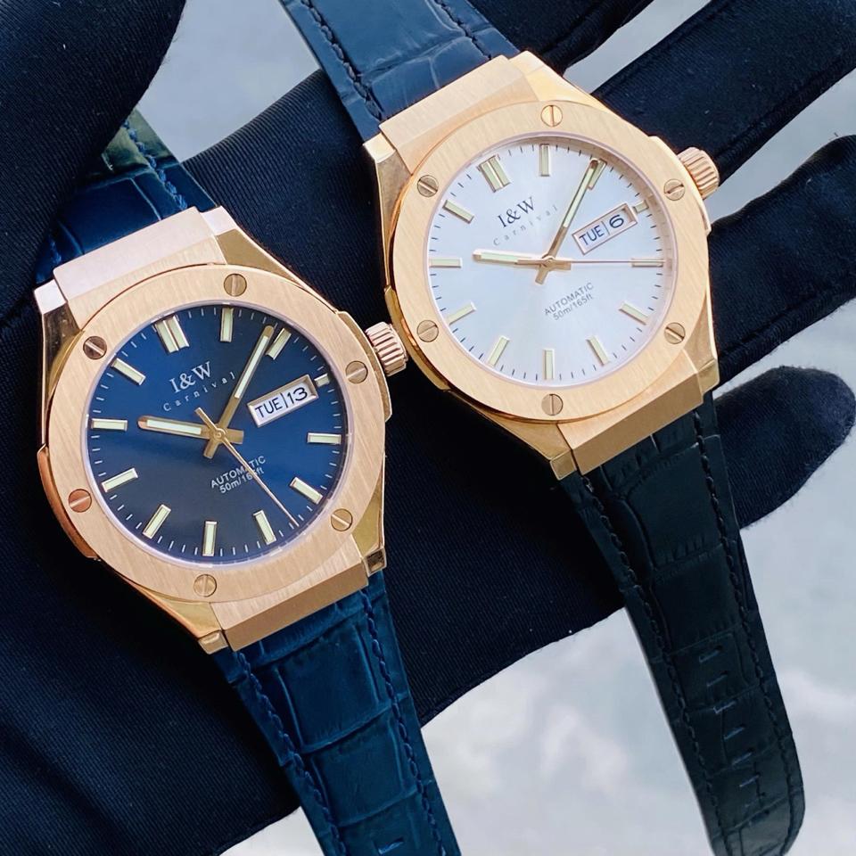 I&W Canival 55851G vàng hồng 41mm niềng trơn dây da-duoc-ban-tai-NGUYÊN độ đồng hồ (seikomod)