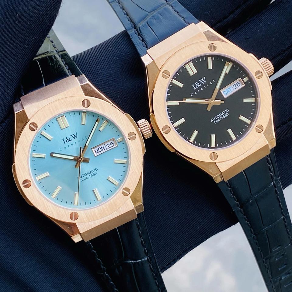 I&W Canival 55851G vàng hồng 41mm niềng trơn dây da-duoc-ban-tai-NGUYÊN độ đồng hồ (seikomod)