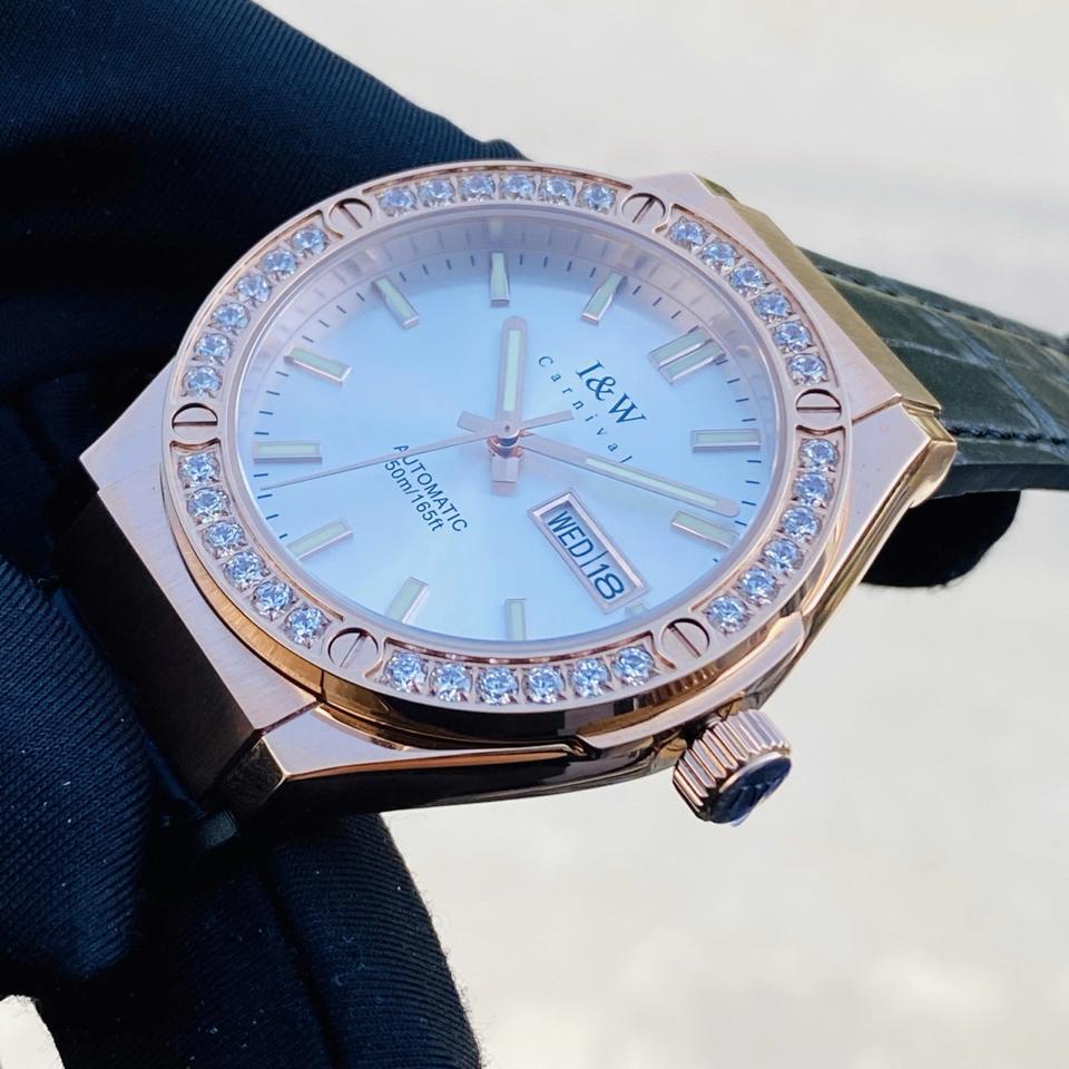 I&W Canival 55851G mặt trắng rose 41mm đá viền dây da-duoc-ban-tai-NGUYÊN độ đồng hồ (seikomod)
