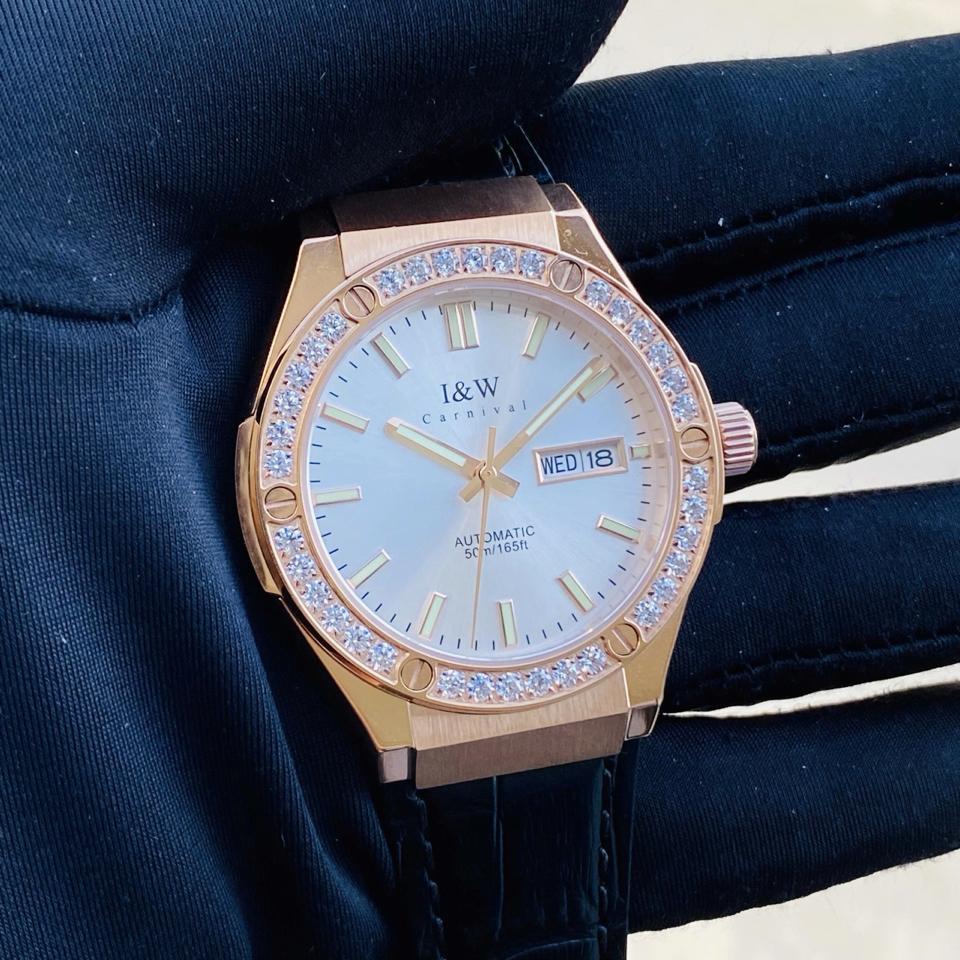 I&W Canival 55851G mặt trắng rose 41mm đá viền dây da-duoc-ban-tai-NGUYÊN độ đồng hồ (seikomod)
