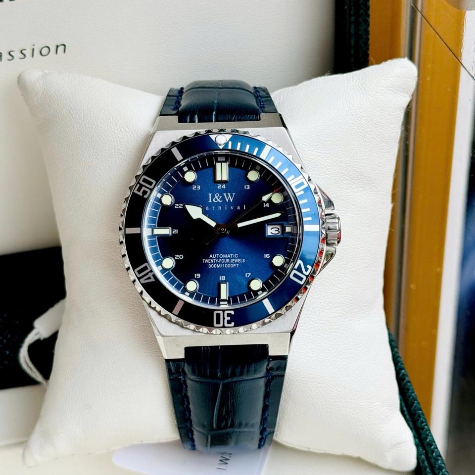 I&W Carnival 726G 41mm xanh navy dây da-duoc-ban-tai-NGUYÊN độ đồng hồ (seikomod)