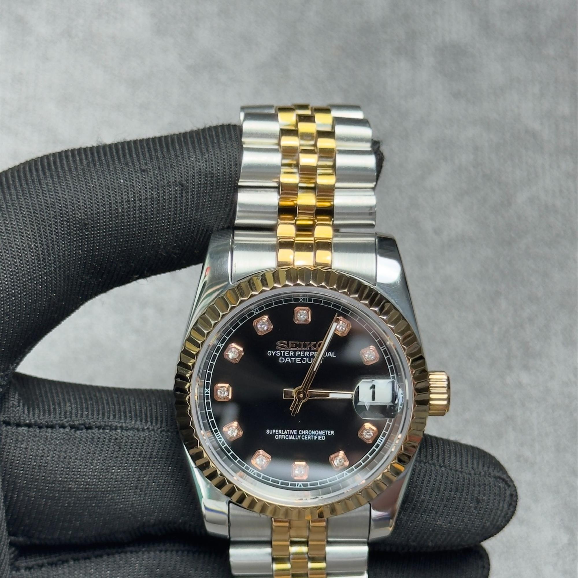 Seikomod DateJust socola demi vàng cọc đá mặt đen-duoc-ban-tai-NGUYÊN độ đồng hồ