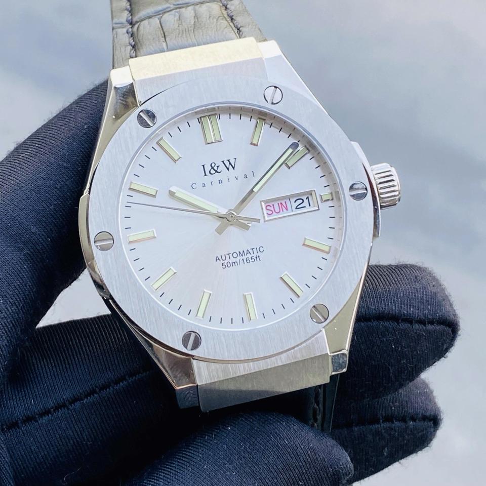 TIỂU HUBLOT I&W  CARNIVAL   IW55851   41mm viền trơn mặt trắng dây da-duoc-ban-tai-NGUYÊN độ đồng hồ (seikomod)