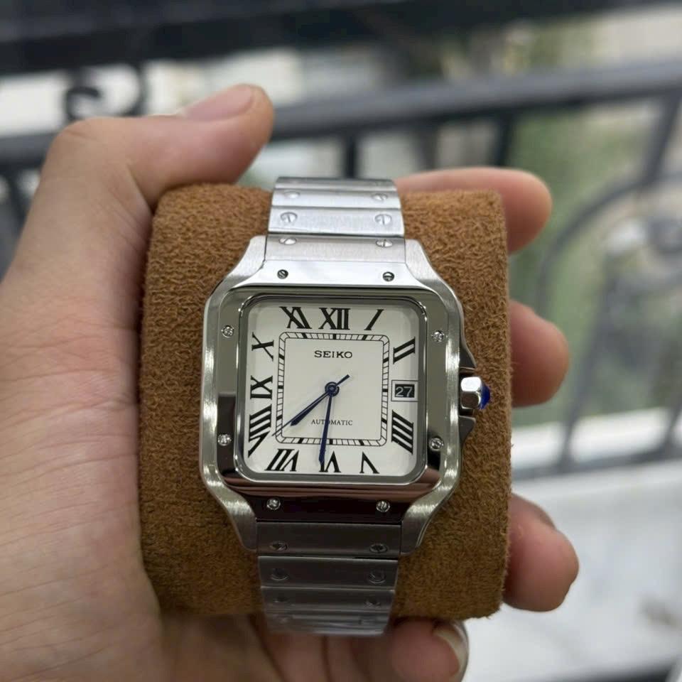 Seikomod Santos 38mm trắng bạc-duoc-ban-tai-NGUYÊN độ đồng hồ (seikomod)