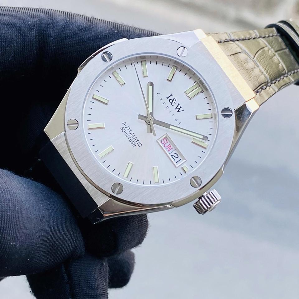 TIỂU HUBLOT I&W  CARNIVAL   IW55851   41mm viền trơn mặt trắng dây da-duoc-ban-tai-NGUYÊN độ đồng hồ (seikomod)