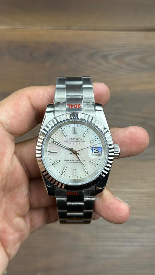Seikomod DateJust 40mm xà cừ trắng dạ quang-duoc-ban-tai-NGUYÊN độ đồng hồ (seikomod)