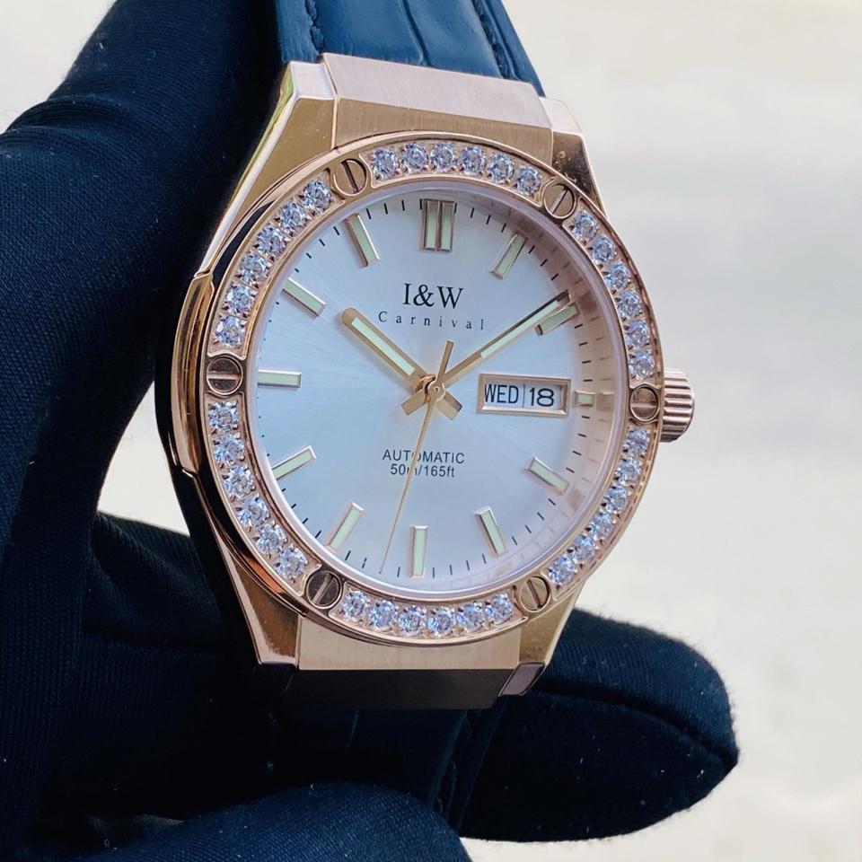 I&W Canival 55851G mặt trắng rose 41mm đá viền dây da-duoc-ban-tai-NGUYÊN độ đồng hồ (seikomod)