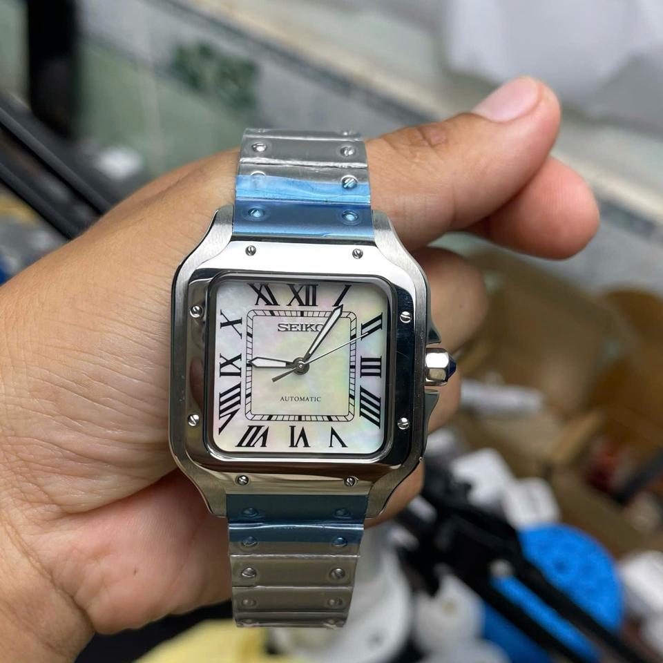 Seikomod Santos 38mm (xà cừ trắng bạc)-duoc-ban-tai-NGUYÊN độ đồng hồ (seikomod)