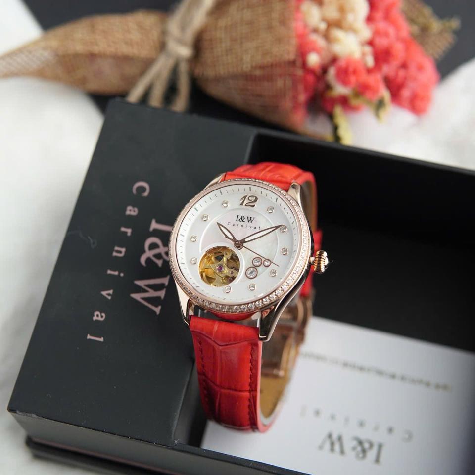I&W Carnival IW573L 34mm nữ mặt xà cừ dây đỏ-duoc-ban-tai-NGUYÊN độ đồng hồ