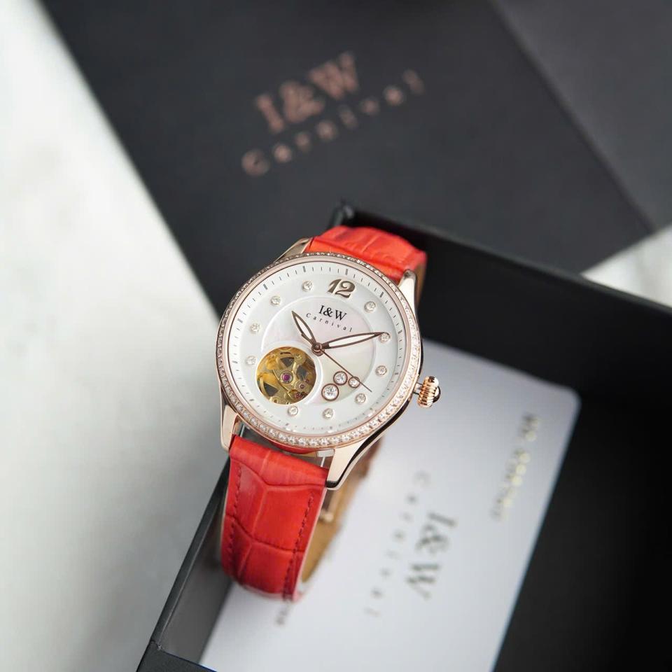 I&W Carnival IW573L 34mm nữ mặt xà cừ dây đỏ-duoc-ban-tai-NGUYÊN độ đồng hồ