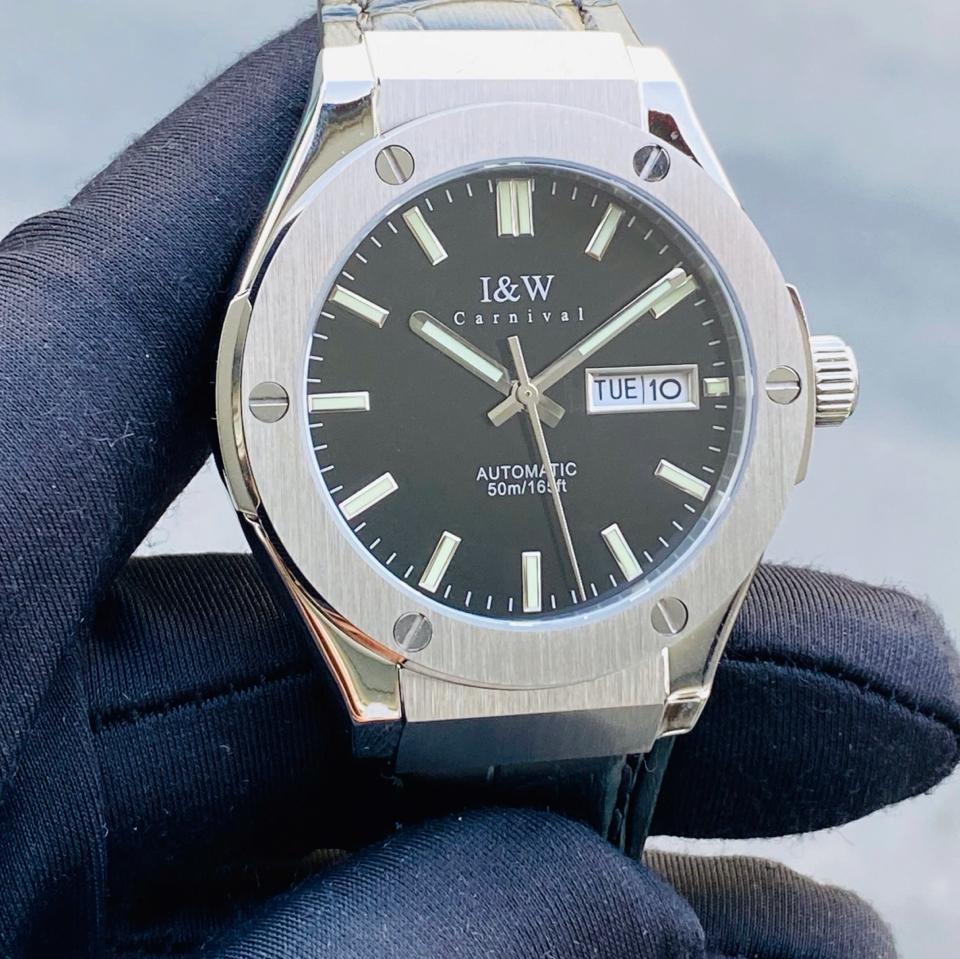 TIỂU HUBLOT I&W  CARNIVAL   IW55851   41mm viền trơn mặt đen dây da-duoc-ban-tai-NGUYÊN độ đồng hồ (seikomod)