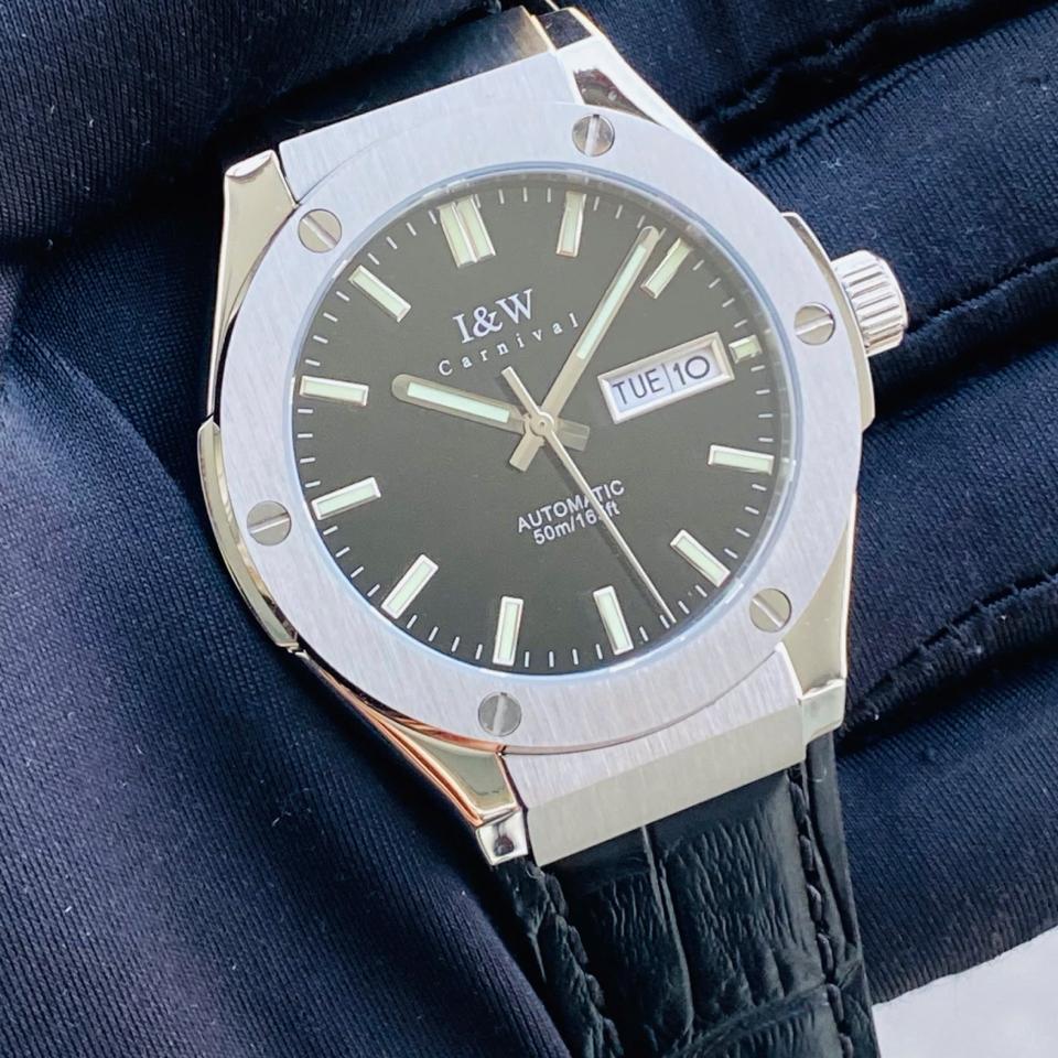 TIỂU HUBLOT I&W  CARNIVAL   IW55851   41mm viền trơn mặt đen dây da-duoc-ban-tai-NGUYÊN độ đồng hồ (seikomod)