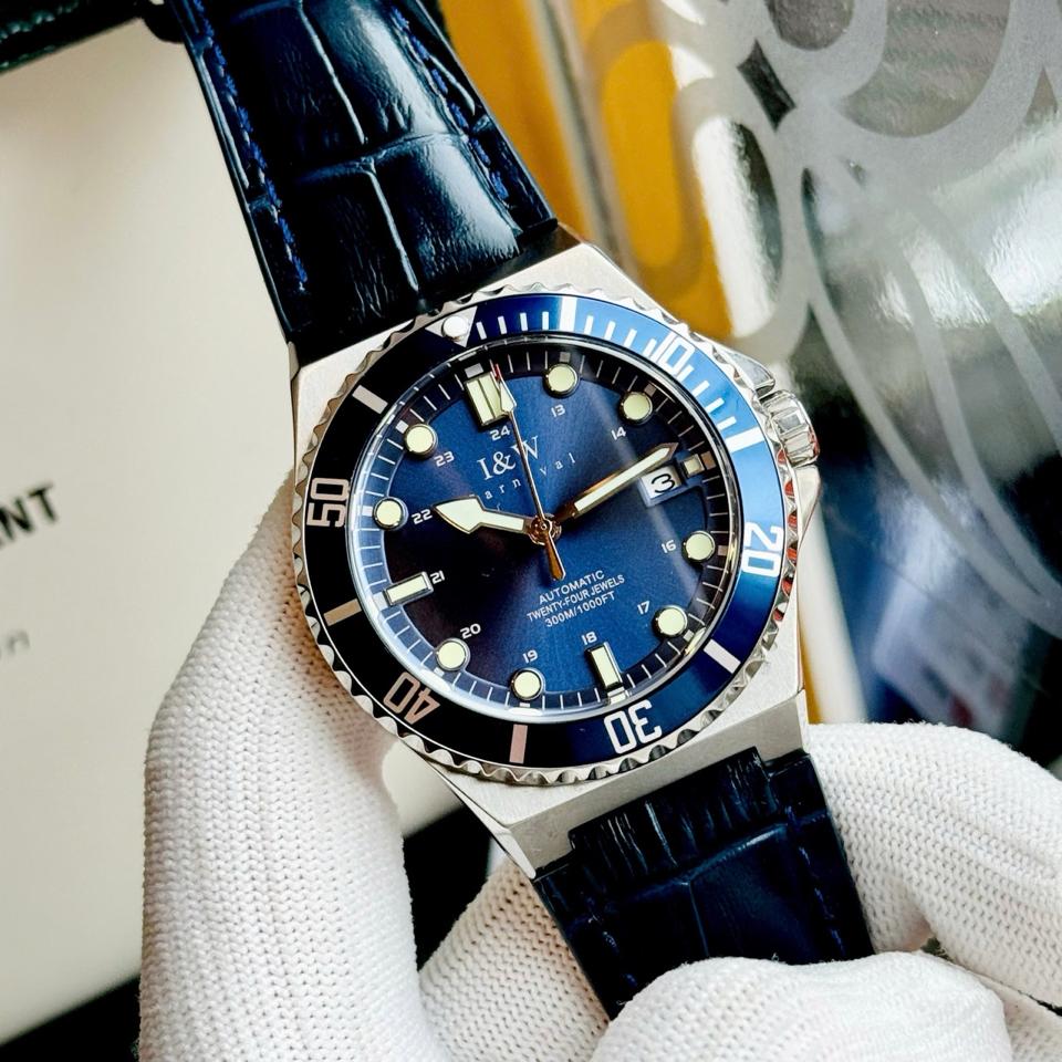I&W Carnival 726G 41mm xanh navy dây da-duoc-ban-tai-NGUYÊN độ đồng hồ (seikomod)