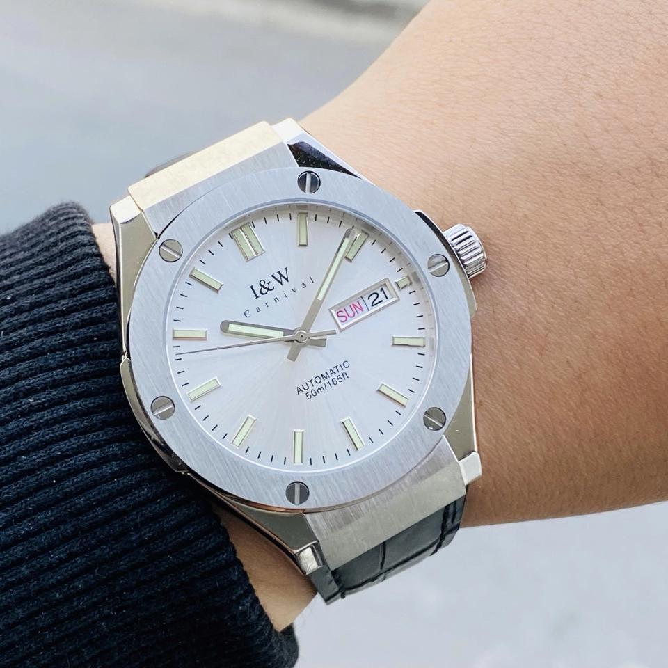 TIỂU HUBLOT I&W  CARNIVAL   IW55851   41mm viền trơn mặt trắng dây da-duoc-ban-tai-NGUYÊN độ đồng hồ (seikomod)