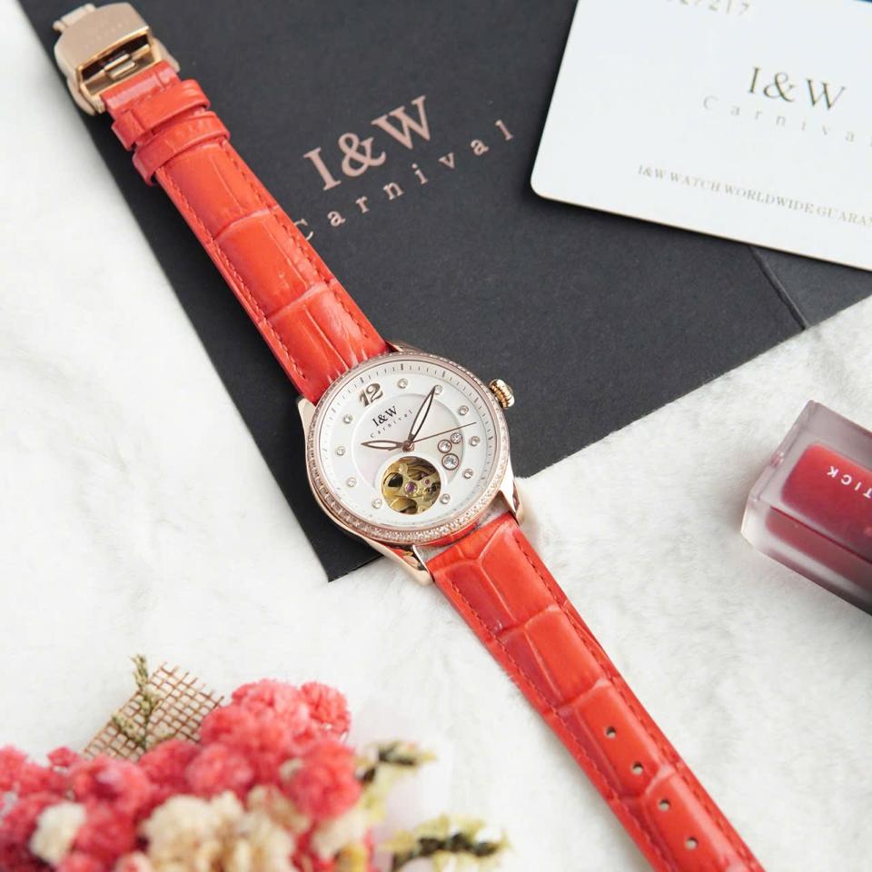I&W Carnival IW573L 34mm nữ mặt xà cừ dây đỏ-duoc-ban-tai-NGUYÊN độ đồng hồ