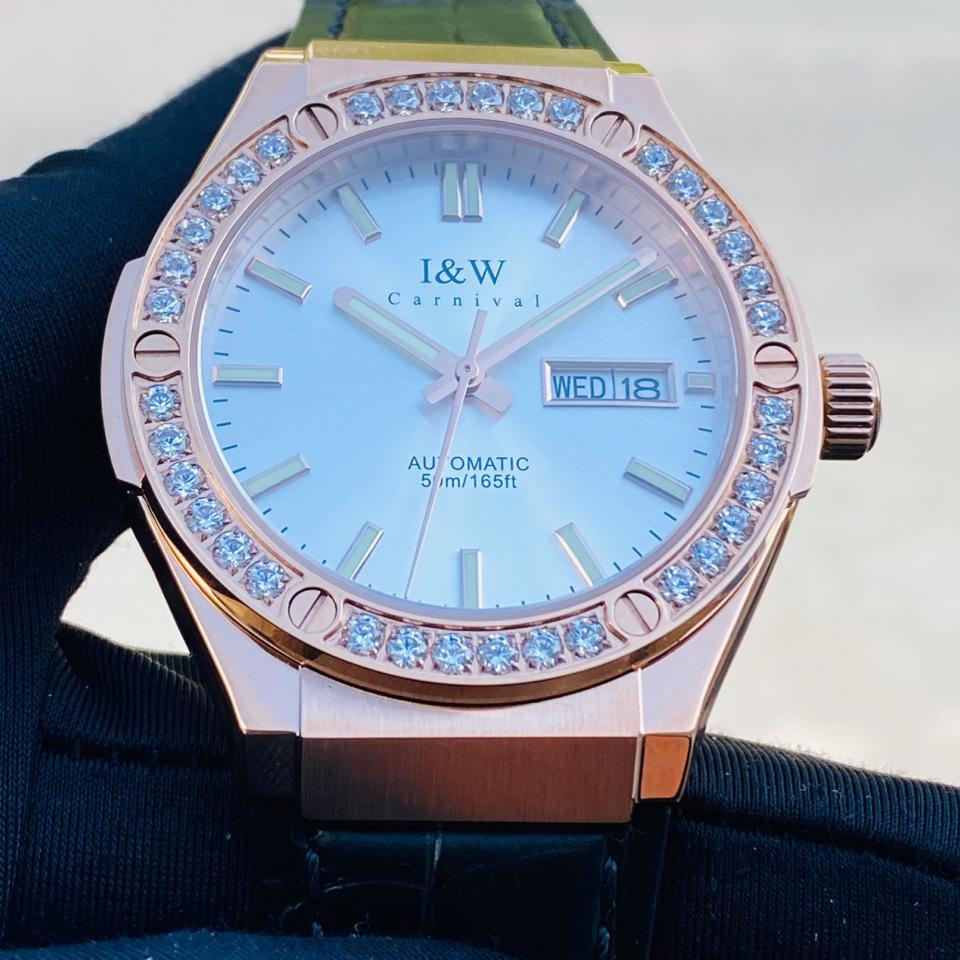 I&W Canival 55851G mặt trắng rose 41mm đá viền dây da-duoc-ban-tai-NGUYÊN độ đồng hồ (seikomod)