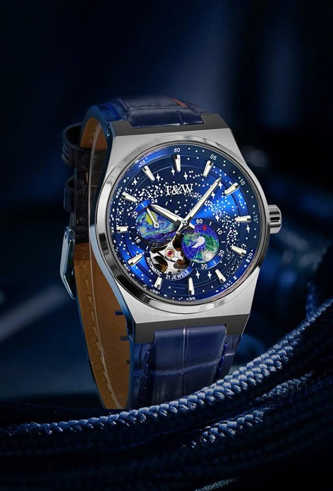 I&W Carnival Earth Blue Dial IW708G 41mm dây da-duoc-ban-tai-NGUYÊN độ đồng hồ (seikomod)