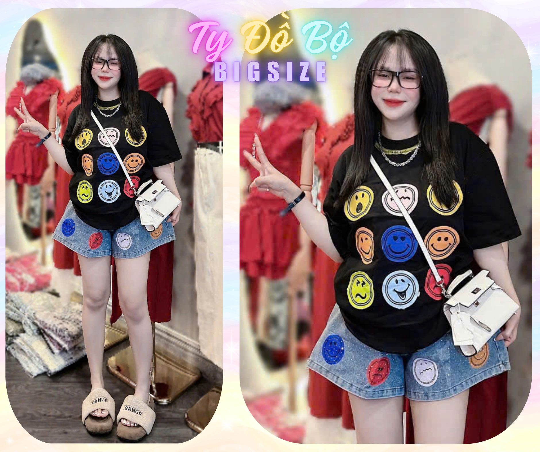 Set jeans đùi mặt cười nhiều màu-duoc-ban-tai-Ty Đồ Bộ Bigsize