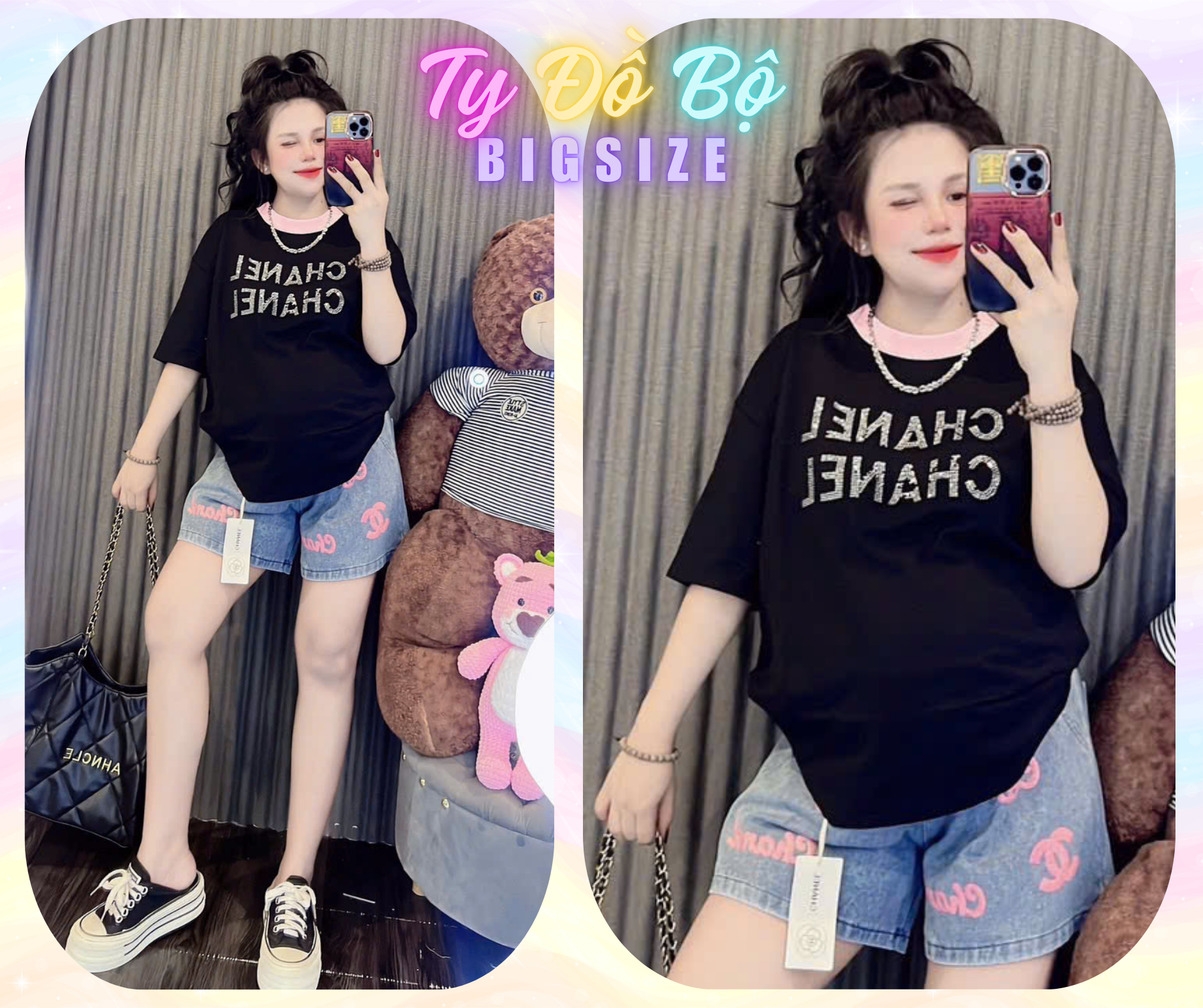 Set jeans đùi CHANEL viền hồng-duoc-ban-tai-Ty Đồ Bộ Bigsize