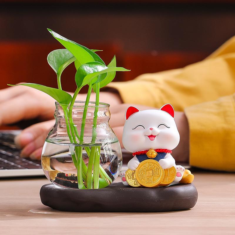 Bộ mèo thần tài kèm lọ hoa trồng cây/nuôi cá trang trí để bàn-duoc-ban-tai-BT Mart - Siêu thị dành cho Người bận rộn