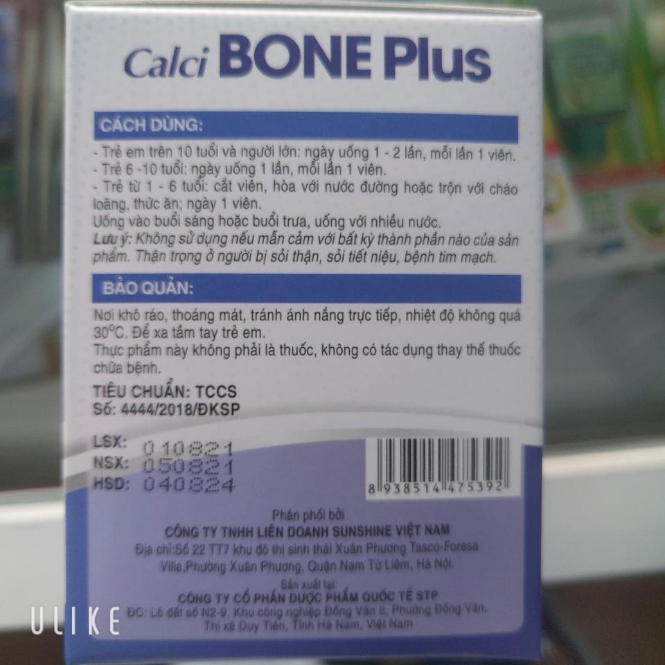 Calci Bone plus( hộp 60 viên) bổ sung calci cho người thiếu hụt calci như phụ nữ có thai cho con bú, phòng chống loãng xương cho người cao tuổi, trẻ e đang tuổi phát triển tăng chiều cao-duoc-ban-tai-KimAnhpharmacy.buynow