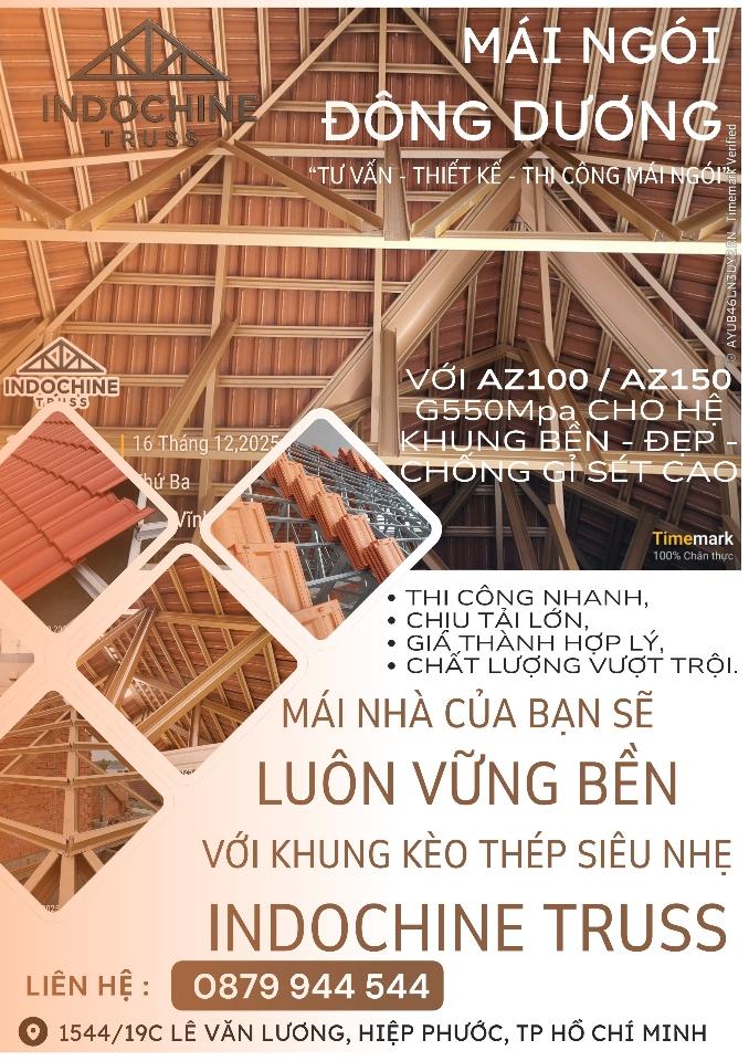 Hệ khung 3 lớp mái Nhật màu vàng đồng AZ150 G550Mpa, TC100.100, khoảng kèo 100cm-duoc-ban-tai-Công Ty Phúc Minh