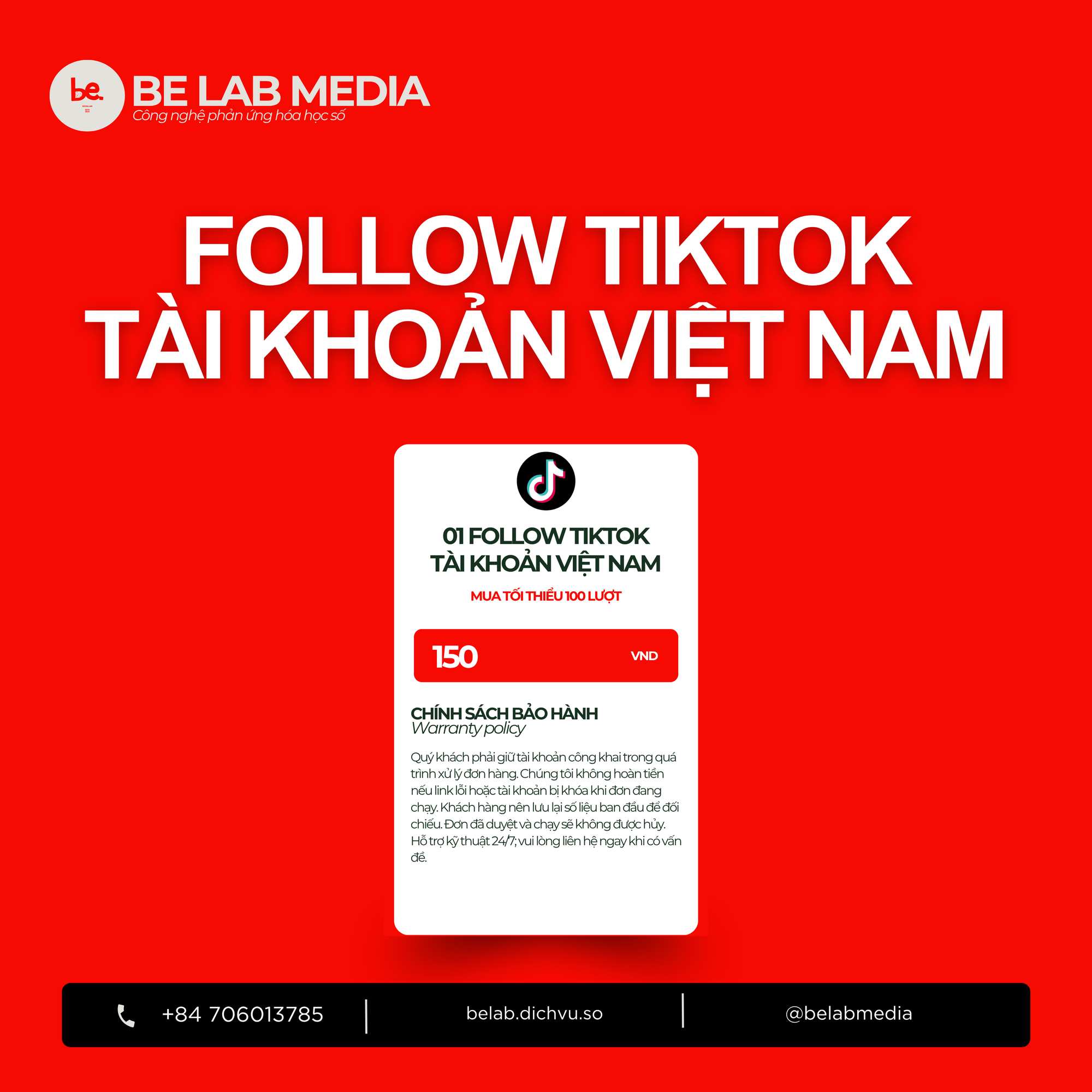 [DỊCH VỤ] Tiktok - Build 01 lượt Follow bằng account Người Việt-duoc-ban-tai-Be Lab Media - Công nghệ phản ứng hóa học số