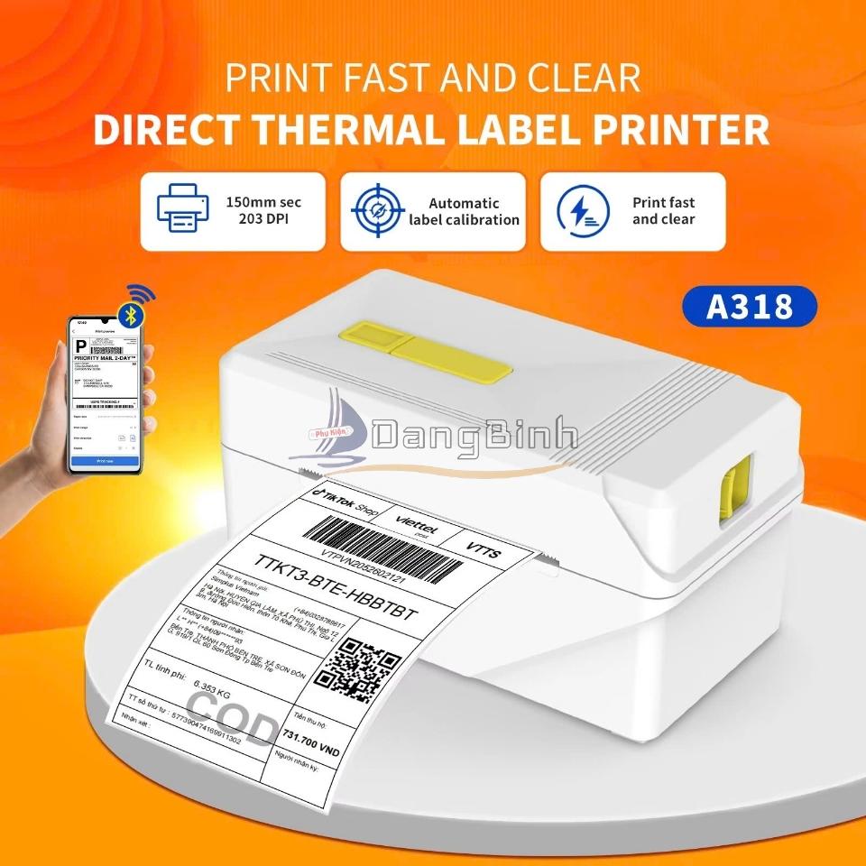 [A318] Máy In Nhiệt Mini 3 Inch Bluetooth Kèm 100 Tem In Và Kệ Đựng Giấy In Nhiệt Chuyên Dụng In Các Loại Hóa Đơn Vận Đơn Tốc Độ Nhanh Siêu Rõ Nét A318BT Trắng-duoc-ban-tai-DangBinh Group