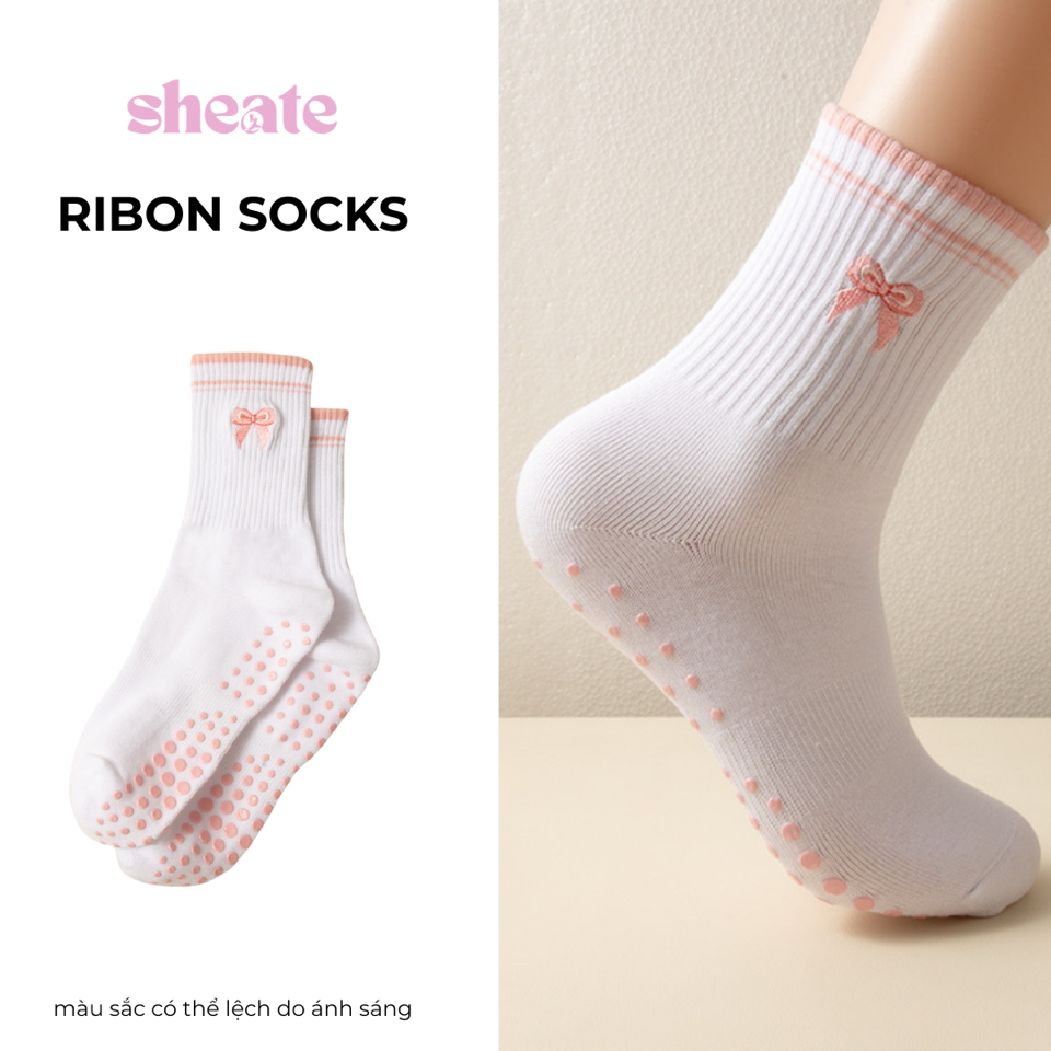 Ribbon Socks - VỚ TẬP THỂ THAO CHỐNG TRƯỢT cổ trung hoạ tiết thêu dễ huông-duoc-ban-tai-She Ate - active wear